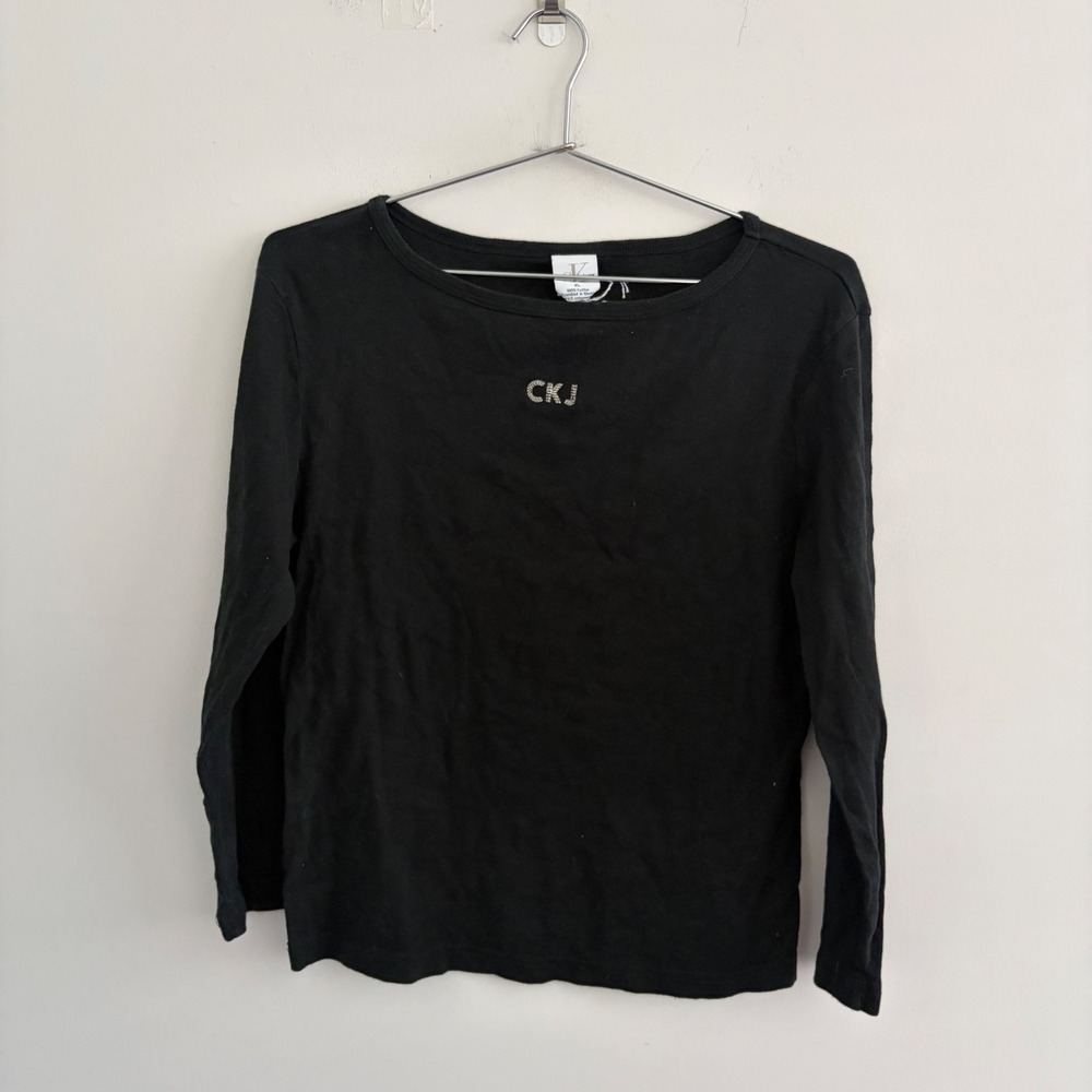 Calvin Klein Jeans Womens XL Black Long Sleeve CKJ Rhinestone Logo T-Shirt